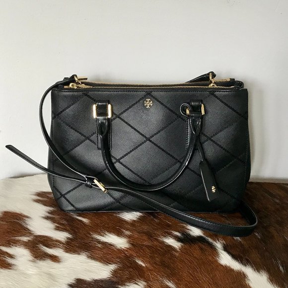 Tory Burch Black Robinson Stitched Mini Double-Zip Tote - Picture 1 of 7